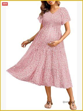 Maternity Dress with Flutter Sleeves, V-Neck, Smocked Top, Midi Length, A-Line